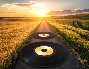 Vinyl records on road toward sunset over golden fields