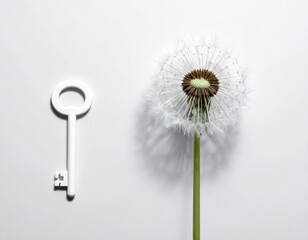 Key beside a dandelion seed head on a white surface