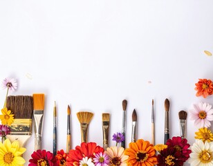 Brushes, blossoms border. Craft, artist tools, color