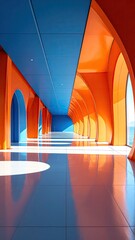 Vivid hallway orange arches, blue ceiling, glossy floor