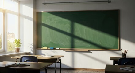 Empty Classroom: A serene and well-lit classroom bathed in the morning sun, featuring neat rows of desks and a prominent chalkboard, evoking anticipation for learning and the potential of education.