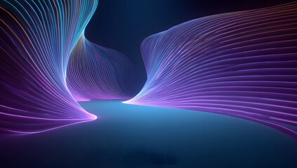 Abstract illuminated digital waves of light particles creating a flowing ethereal and futuristic visual art composition with vibrant purple and blue hues