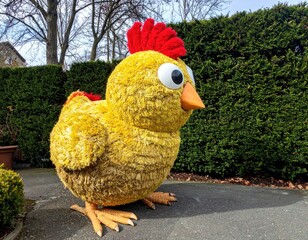 Large yellow chick statue with big eyes outdoors