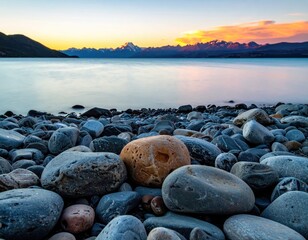 Rocky shore meets serene lake at sunset