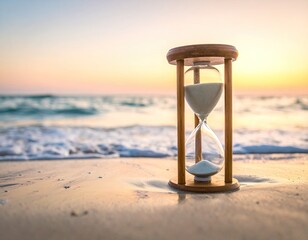 Sandglass on beach. Serene ocean sunrise, time's fleeting