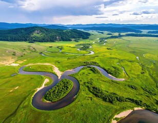 Winding river carves verdant valley
