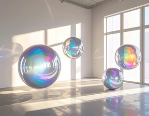 Floating iridescent spheres in a sunlit, white corner room