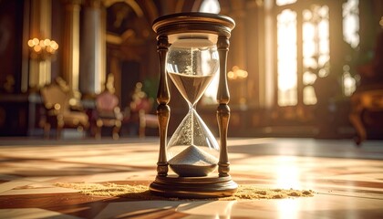 Hourglass spilling sand in ornate, sunlit, gilded room
