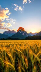 Sunset glow over field, mountain