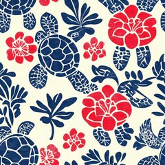 Tropical turtle seamless pattern with floral elements in red and blue.
