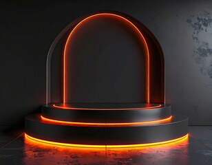 Lit platform dark, tiered stage w/ arch glow