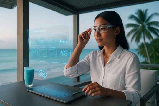 Woman using futuristic smart glasses and digital interface at tropical beachside workspace with tablet and blue drink on table at sunset light. Ai generative