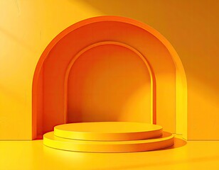 Sunny yellow stage. Archway frames twin-tiered display stand