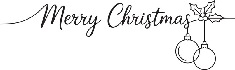 Merry Christmas single continuous line art. Holiday greeting card decoration christmas tree ball lettering silhouette concept design one sketch outline drawing vector illustration