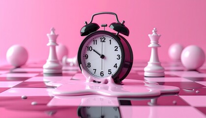 Melting clock on a pink chessboard with chess pieces