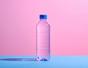 Water bottle on blue surface, pink background