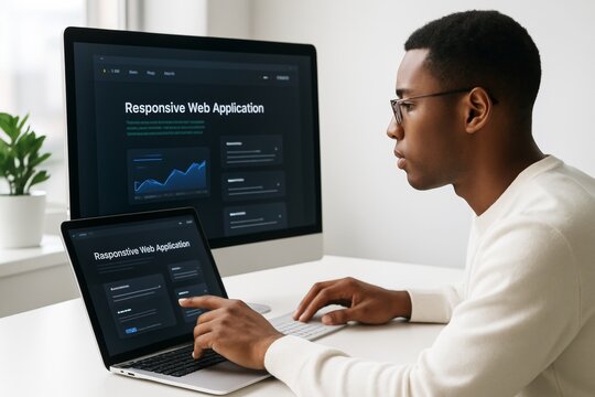 Focused programmer working on responsive web application using laptop and desktop in bright office environment with minimalist background light.. Ai generative