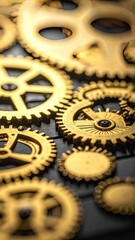 Golden gears intricatley linked on dark textured background