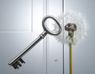 Key and dandelion against a white door