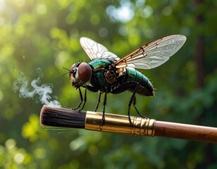 Fly-bot sits on a smoking paintbrush