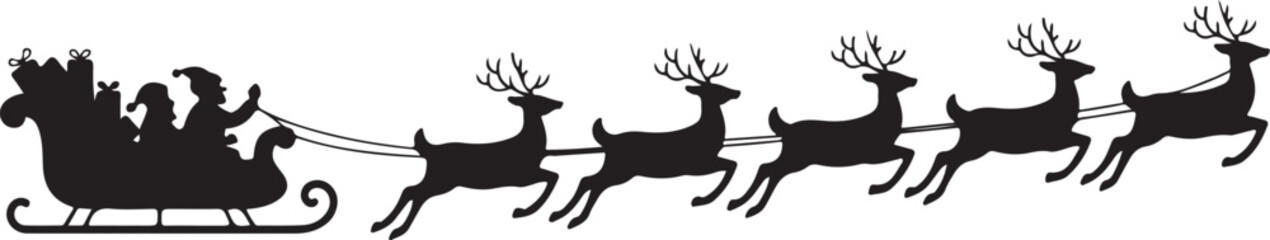Santa Claus in sleigh pulled by reindeer, silhouette vector illustration