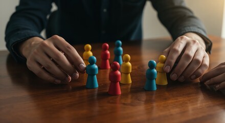 Strategic Assembly: Hands carefully position a collection of colorful figures, symbolizing the intricate interplay of teamwork, planning, and strategic thinking.