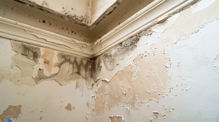 Close-up of a damaged wall corner with peeling paint and mold growth. The texture shows signs of neglect and moisture issues.