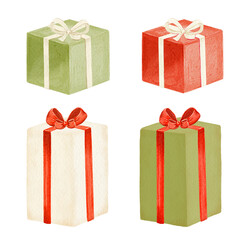 Watercolor Set of gift boxes in red and green colors.