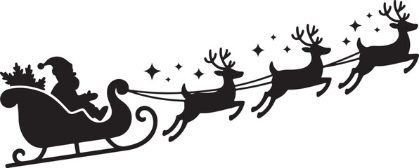 Santa Claus on sleigh flying sky with reindeers black vector silhouette on white background. illustration design for winter holiday decoration, Christmas greeting card and Happy new year