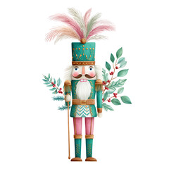 Naklejka premium Colorful nutcracker figure dressed in teal and gold with a feathered hat, standing among festive greenery and red berries