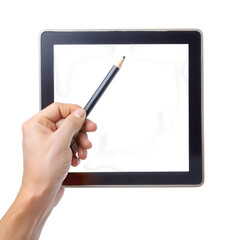 Hand holding a stylus pointing at a tablet computer screen displaying a blurry image isolated on transparent background