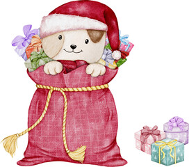 Watercolor Christmas Puppy in Gift Sack