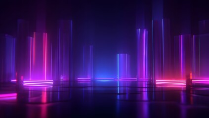 Abstract cityscape illuminated by vibrant neon light pillars reflecting on a wet dark surface creating a futuristic urban atmosphere