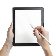 Person holding a digital tablet and using a stylus to interact with the blank screen isolated on transparent background