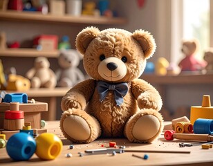 Teddy bear sits amid toys on a wooden surface