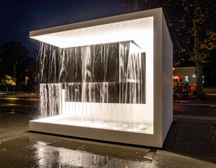 Cube-framed water feature with cascading falls at night