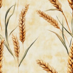 Seamless wheat pattern with realistic stalks on warm beige tone, soft natural design.