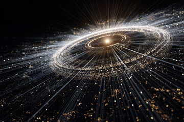 streams of light converging into a circular data hub creating a radiant futuristic abstract interface