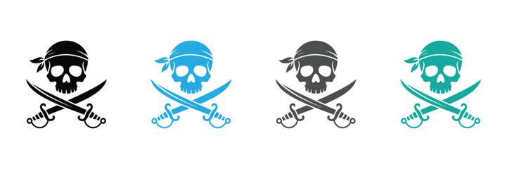 Pirate skull and crossed swords vector icons in black, blue, gray, and green,Pirate skull with bandana and crossed swords isolated on white background, symbol of piracy