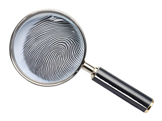 Magnifying glass examining a detailed fingerprint with intricate whorls and lines isolated on transparent background