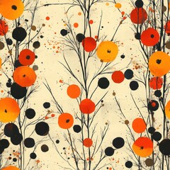 Seamless floral pattern with orange and black flowers on beige background, vintage style.
