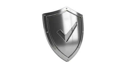 Shiny metallic shield with a checkmark symbol embossed on its surface isolated on transparent background