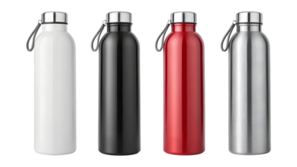 Four reusable metal water bottles in white, black, red, and silver stand upright, isolated on a transparent png background.