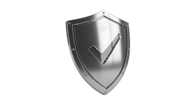 Shiny metallic shield with a checkmark symbol embossed on its surface isolated on transparent background