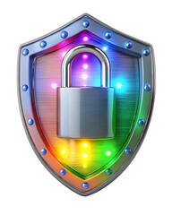 A metallic shield with a silver padlock secured in the center illuminated by vibrant rainbow colored lights isolated on transparent background