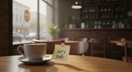 Coffee, note reading "let's talk" on a table in blurred cafe setting