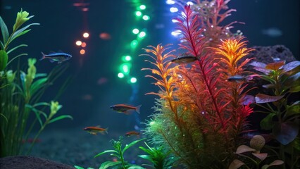 Obraz premium Aquarium decor with LED lighting Underwater scene featuring colorful plants and fish with vibrant lighting.