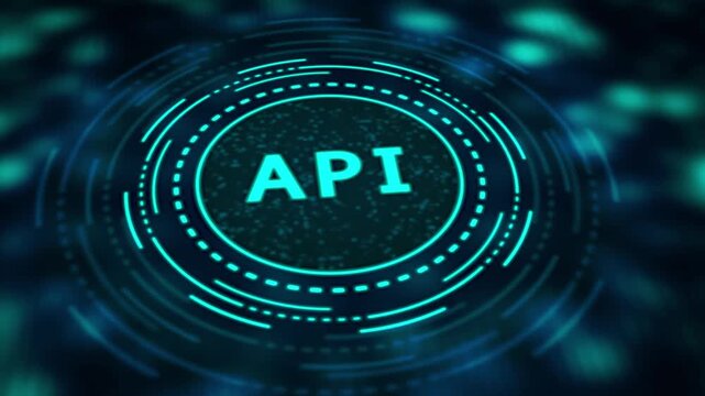 Glowing blue neon circle with the word API in the center against a dark bokeh background application programming interface