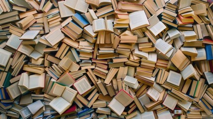 A large pile of assorted books in various sizes and colors. The books are stacked haphazardly, showcasing their spines and covers.