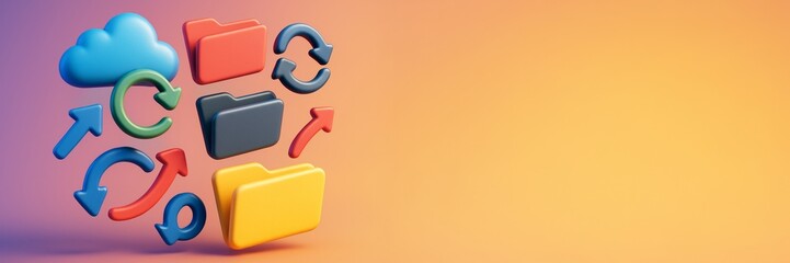 Colorful cloud storage and data synchronization icons on gradient background with empty copy space for technology concept or banner template design. Ai generative